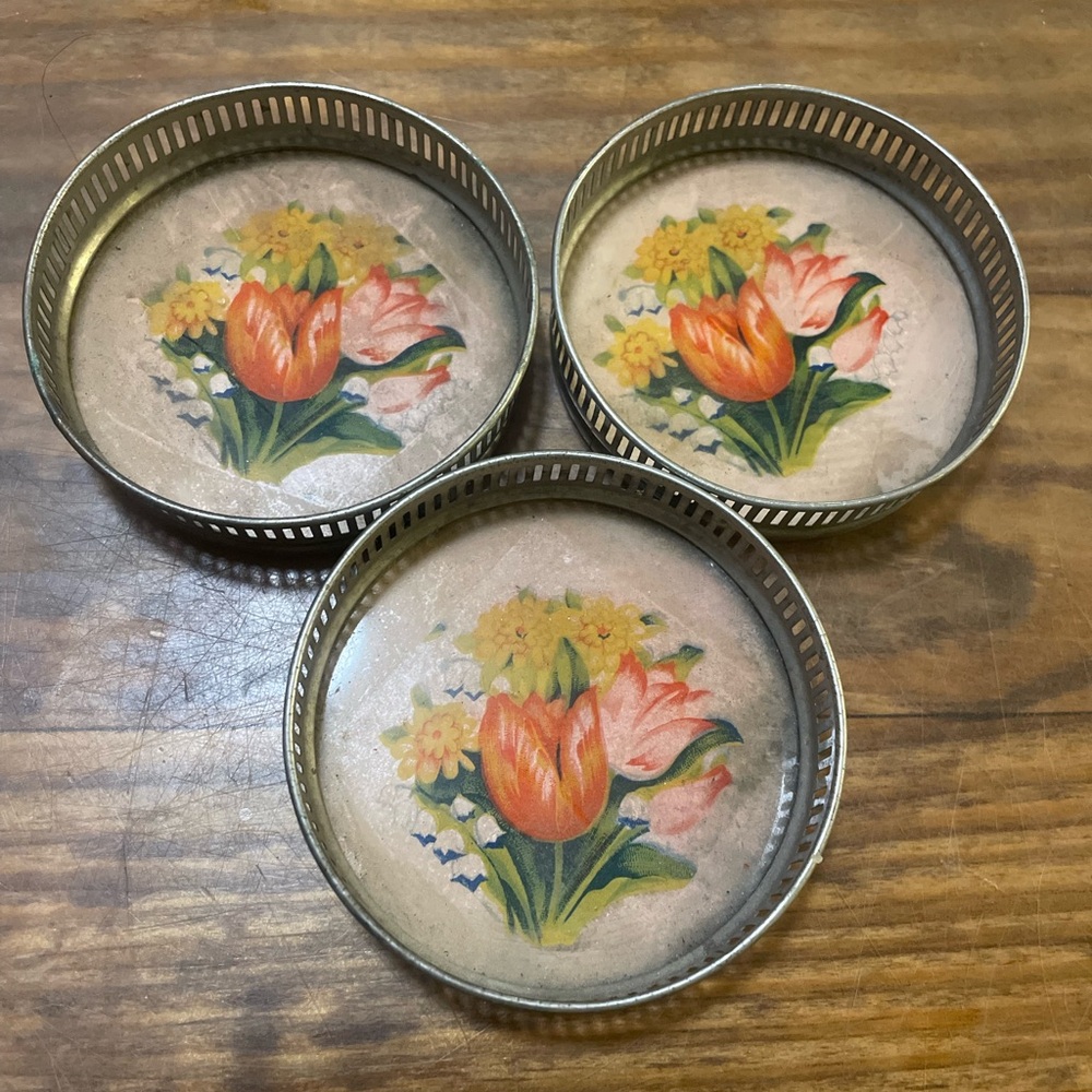 Vintage Retro Made in Japan Floral Metal Rim Coasters Set of 3 home decor